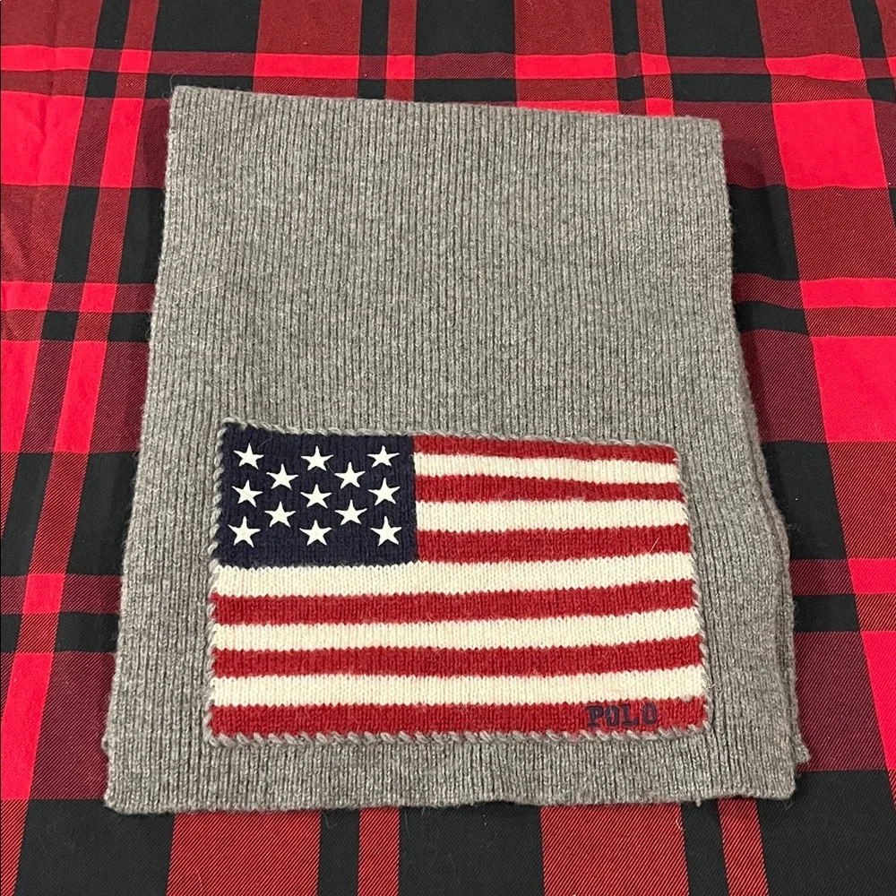 Polo Ralph Lauren American Flag Scarf Grey 58”x12” Wool Laine USA